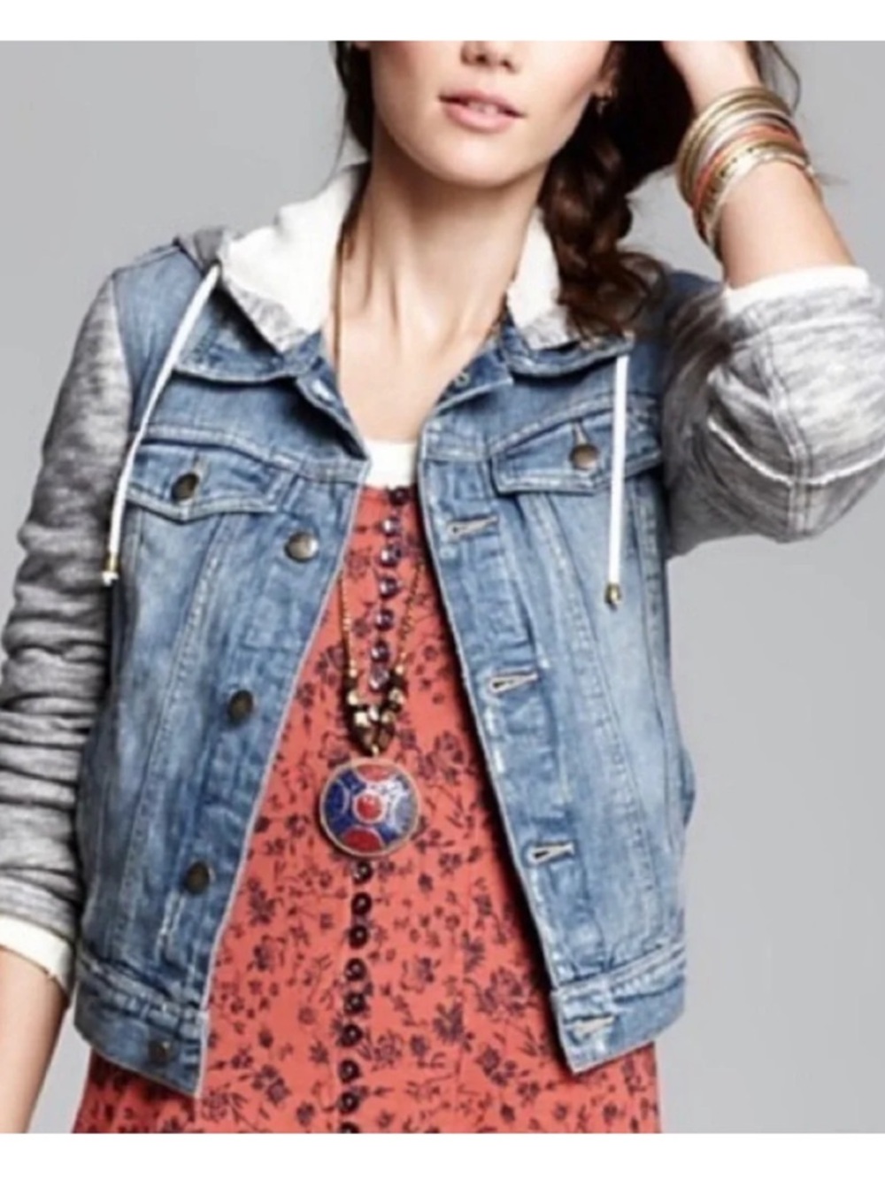 Free People Denim & Gray Hooded Jacket with Heathered Sleeves